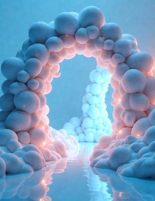The primary subject of the image is a large, white, and pink sculpture of a tunnel or archway. The sculpture is made of a combination of white and pink balls, creating a unique and eye-catching design. The setting is a blue-lit environment, which enhances the visual appeal of the sculpture. The visual style of the image is a digital art or illustration, showcasing the artist's creativity and skill in crafting this intricate and captivating piece. The colors and m